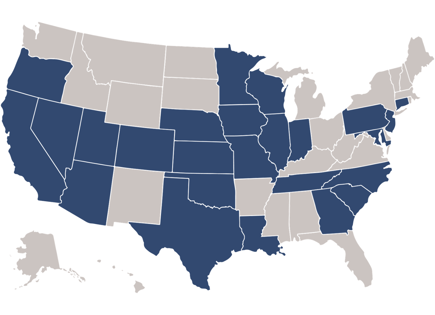 Map of the United States with available states highlighted in blue and unavailable states grey