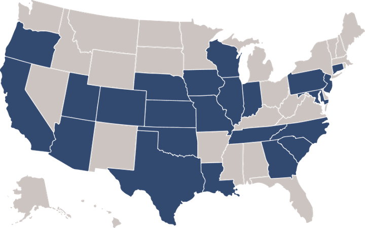 Map of the United States with available states highlighted in blue and unavailable states grey