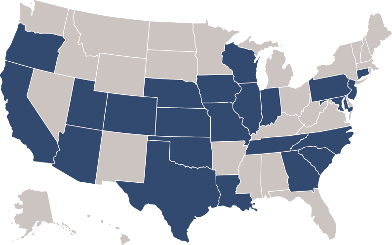 Map of the United States with available states highlighted in blue
